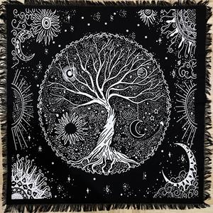 Celestial Tree Of Life Square Wall Hanging Tapestry Black <b>Silver</b> Cotton Altar <b>Cloth</b> Printed for Table Cover By Indian Consigners - Product Image 2