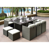 Modern Kare Şeklinde Rattan/Hasır Bahçe ve Veranda Yemek Seti, 6 Sandalye, 6 Tabure ve Minderlerle