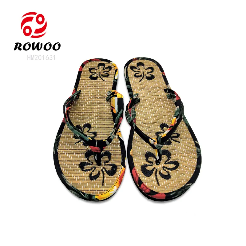 Hot Sale Nylon Stoff Riemen Plattform Hausschuhe Bambus Sohle Schuhe weichen Komfort Schuh Blume Schönheit Sand Strand Hausschuhe für Frauen