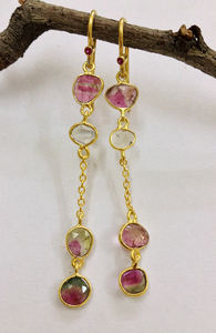 Mínimo de Plata de Ley 925 chapado en oro Sandía Color Multi turmalina Polki Rosecut corte plano indio Corte pendientes de piedras preciosas - Product Image 2