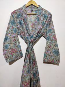 Sustainable Women Pure Cotton Outdoor <b>Beach</b> Kimono Dress <b>Robes</b> Long Spring Designer Handmade Floral Print Cotton Bath Wear <b>Robes</b> - Product Image 5