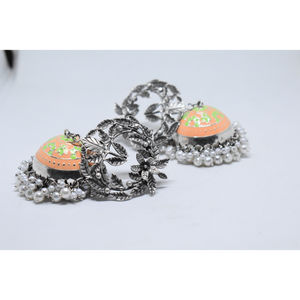 fashionable jewellery handmade trending meenakari silver look alike brass flower <b>stud</b> jhumka hoop earing for <b>girls</b> and women - Product Image 2