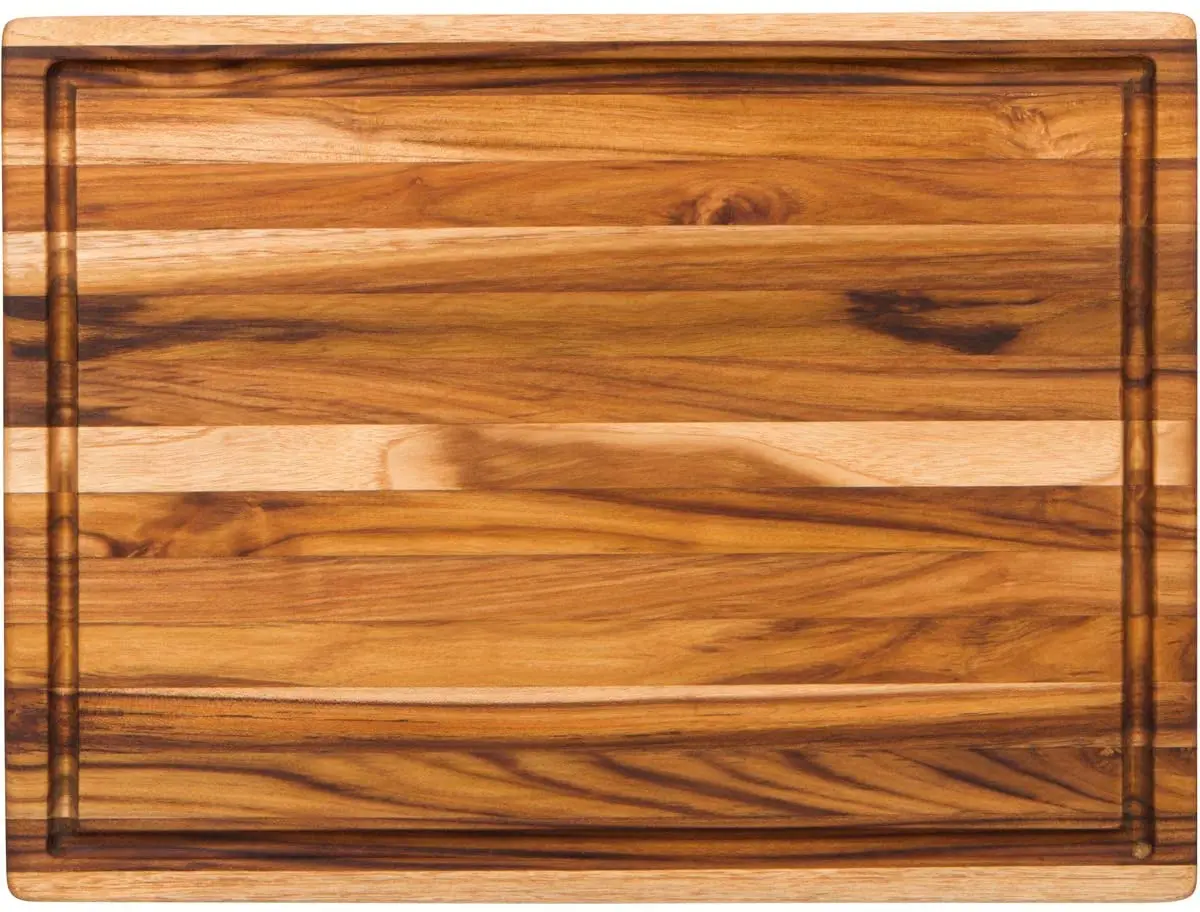 Placa de corte de madeira da grande teca - Juice Groove, grão de borda reversível, grossa cinzelando o bloco (20 x 15 x 1,5 polegadas | Extra grande)