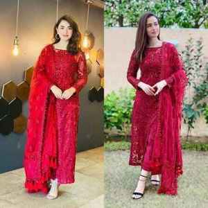2021 élégant traditionnel rouge en mousseline de soie robe de mariée brodé soie rayonne Viscose Salwar Kameez vente chaude pour coton lin - Product Image 6