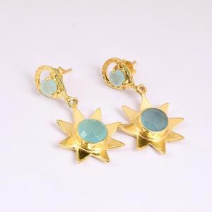 2021 925 Sterling <b>silver</b> bezel setting chalcedony topaz gemstone gold plated stud <b>dangle</b> <b>earrings</b> wholesale jewelry - Product Image 6