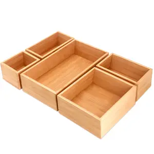 GL 5-Piece Set Bamboo Wood Drawer Organizer Box Bin Set Carved Durable With Custom Logo