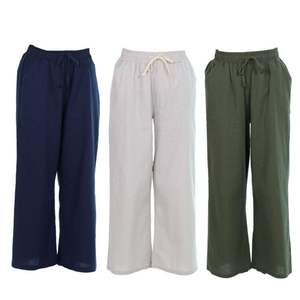 Pantalones de lino y algodón de cintura alta Diseño de corte recto suave cómodo con cordón de amarre automático Uso de salón de dormir de talla grande - Product Image 1