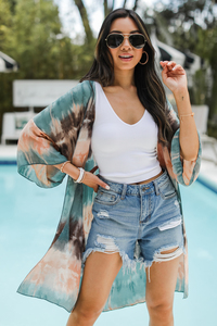 กิโมโนชายหาดฤดูร้อนโบฮีเมียนทำด้วยมือมัดย้อมครึ่งแขนเรยอนกิโมโน - Product Image 2