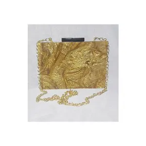 Gold Stone Design Clutch Bags and Purse for Women Fashion with Long Metal Chain