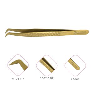 Pincettes professionnelles pour Extension de cils, à bouts larges, couleur or, diamant, avec étiquette privée, Volume russe à 90 degrés - Product Image 1