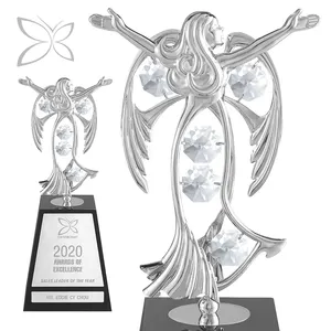 Customised Highest Quality Chrome Plated Classic Angel Trophy Award Decorated with Brilliant Cut Crystals on Acrylic Base