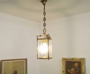 High Quality Vintage French <b>Brass</b> <b>Lantern</b> with Round starburst Glass and Louis XVI Style Ribbons - Product Image 1