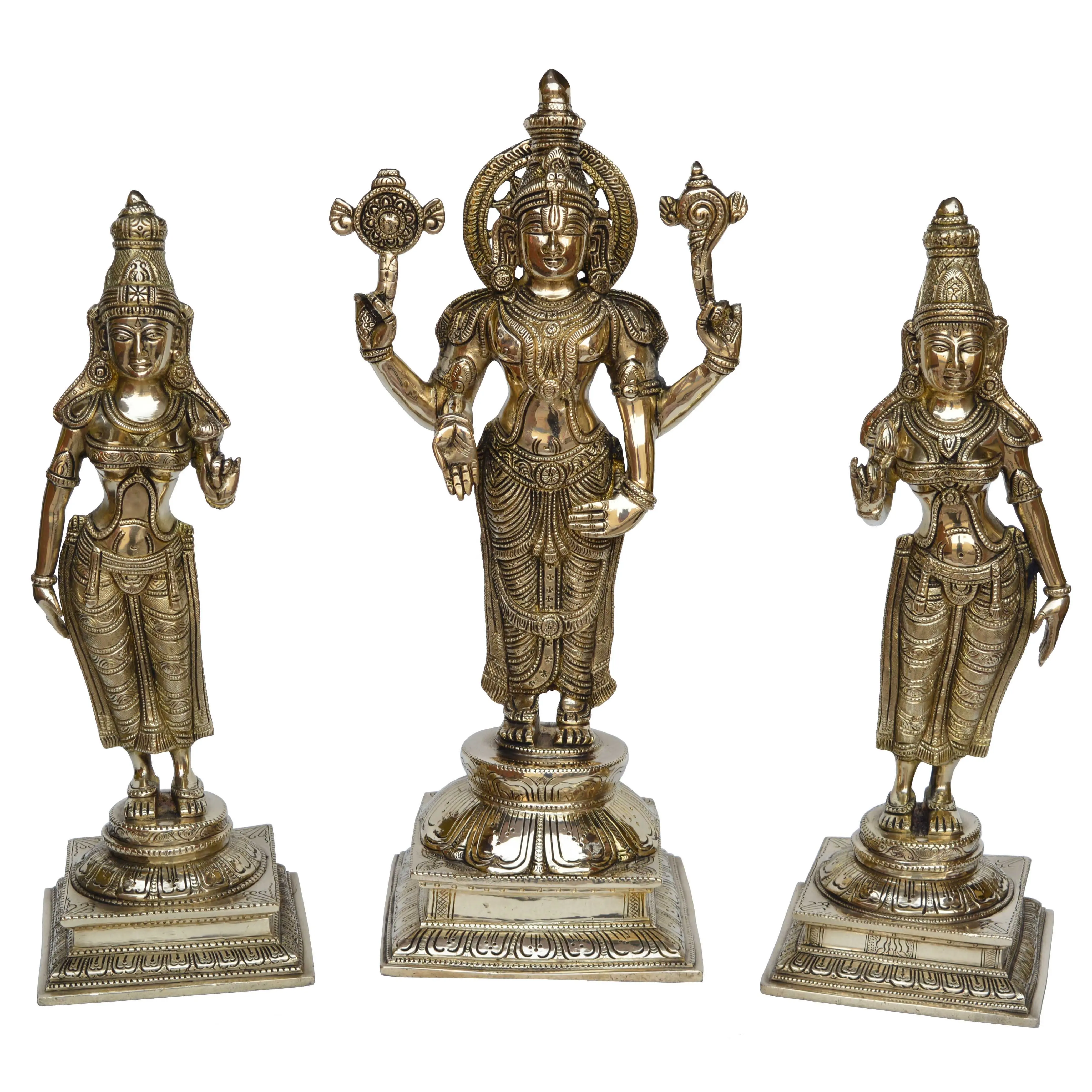 Lord Vishnu ile karısı Bhumi ve Laxmi Ji pirinç el oyma heykeli antik finish