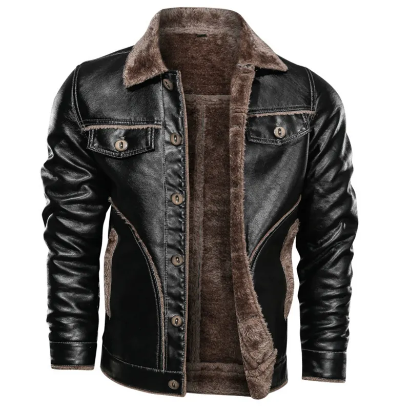New Arrivals big size Faux Fur Men Winter Thickening Warm Jacket Turn Down Collar Black Brown Motorcycle Leather Jackets