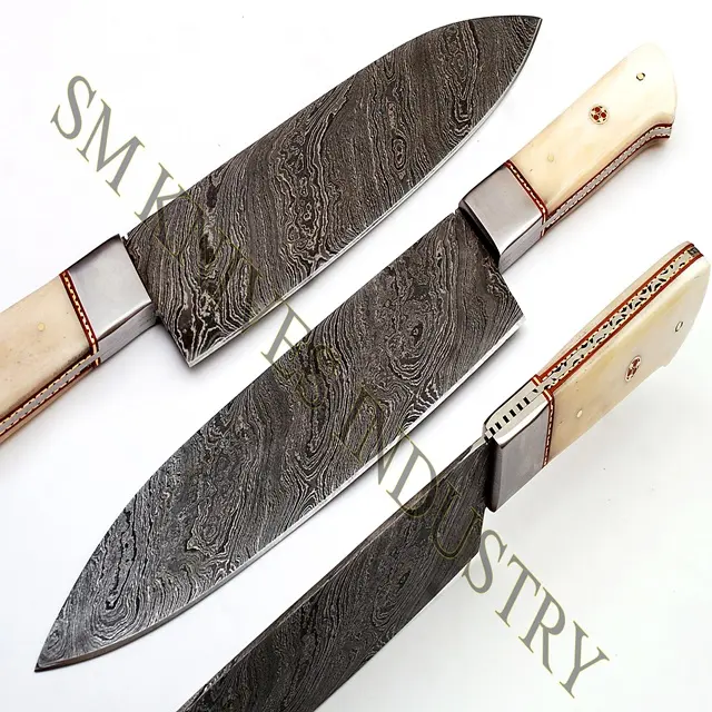 13 inches Long Hand Made Damascus Chef Knife with Camel Bone Grip (Smk1150)