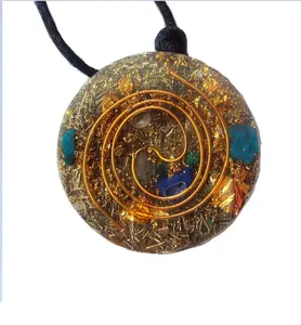 Đồng Vàng Xoắn Ốc Orgone Mặt Dây Chuyền, Lapis Và Malachite Brass Spiral Necklace Chữa Bệnh Bảo Vệ Orgone Đá Quý Mặt Dây Chuyền