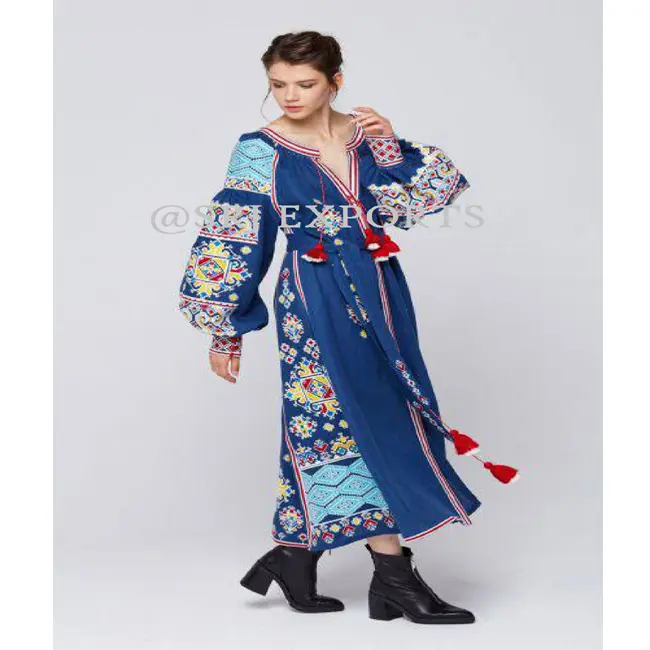 Prémio Designer Longo Vestido De Linho Para As Mulheres Antigas Ucraniano Simbolismo Tecido Em Roupas Elegantes De Uma Coleção Exclusiva