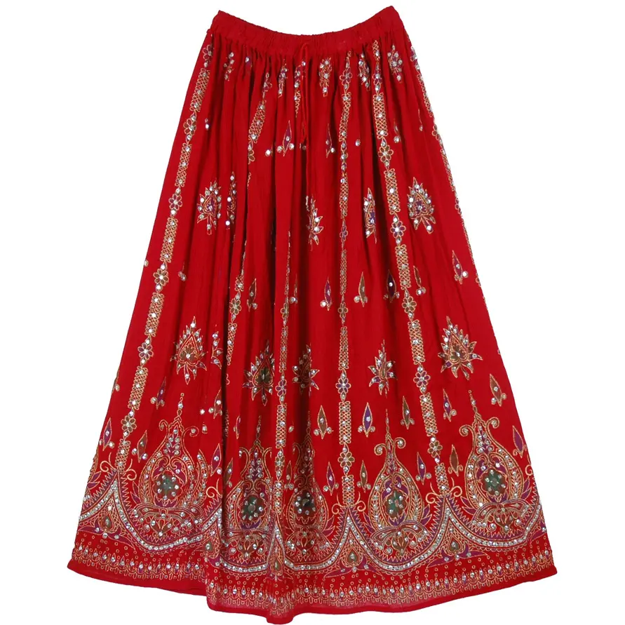 Premium Quality Indian Traditional Handmade Cotton Long Maxi Skirts For Woman, Ethnic Sequins Work Skirts