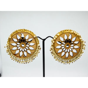 Beautiful fashion Trending handmade golden matte finishing wooden hoop round stud earing for girls and women - Product Image 3