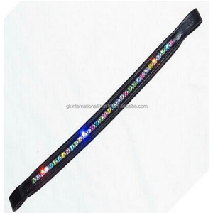 Correa de cuero para cejas de caballo, banda en cuero negro y marrón con cristales multicolor ostentosos grandes, hecha a medida, forma recta, canal vacío - Product Image 2