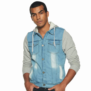 Veste en jean denim bleu à broderie personnalisée à la mode pour hommes grande taille décor d'hiver en fourrure capuche col fermeture à glissière - Product Image 1