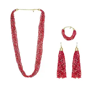 Handmade Red Glass Beaded Bohemia Statement Necklace Earring Set with Bracelet Multilayer Chain Link Zodiac Pattern for Women