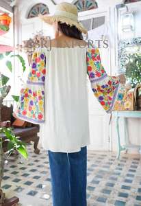 Femmes à la mode Boho haut en coton broderie florale dentelle sans bretelles nouveauté Style mexicain cloche manches 6XL plage gland lavable - Product Image 4