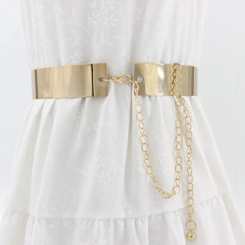 Women Punk Full Metal Mirror Skinny Waist Belt 2cm 3.5cm Metallic Gold Plate Wide Chains Lady adjustable Belt For Dress