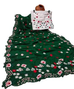 Sari en soie brodé de créateur, conçu sur mesure pour les fêtes, avec pièce de chemisier, bordure en dentelle de soie douce, tenue de mariage, dernière collection de vêtements pour femmes - Product Image 1