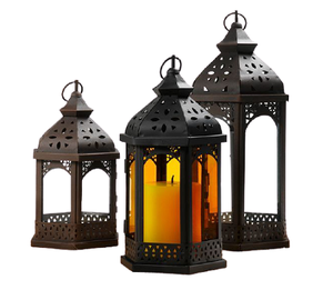 Juego de tres farolillos colgantes de diferentes tamaños en hierro, farol colgante de vela de Color negro para decoración de Hotel y hogar - Product Image 1