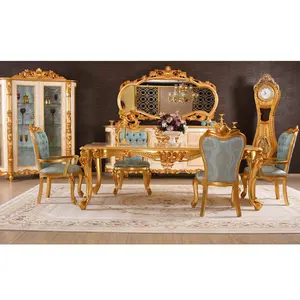 Mesa de comedor clásica de material de madera real, conjunto de muebles antiguos de 8 plazas, de aluminio dorado con sillas
