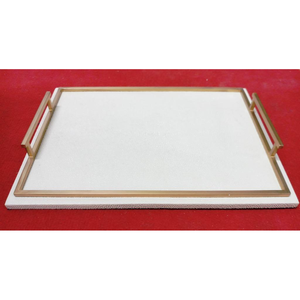 Plateau de service DAPHOCO Modèle 181 en faux cuir shagreen blanc, avec cadre en laiton antique 0,38x0,28x0,065, origine Vietnam - Product Image 3