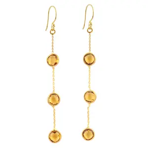 Round citrine bezel chain earring fine & fashion jewelry long line earring drop chain hook earring gold color delicate jewelry