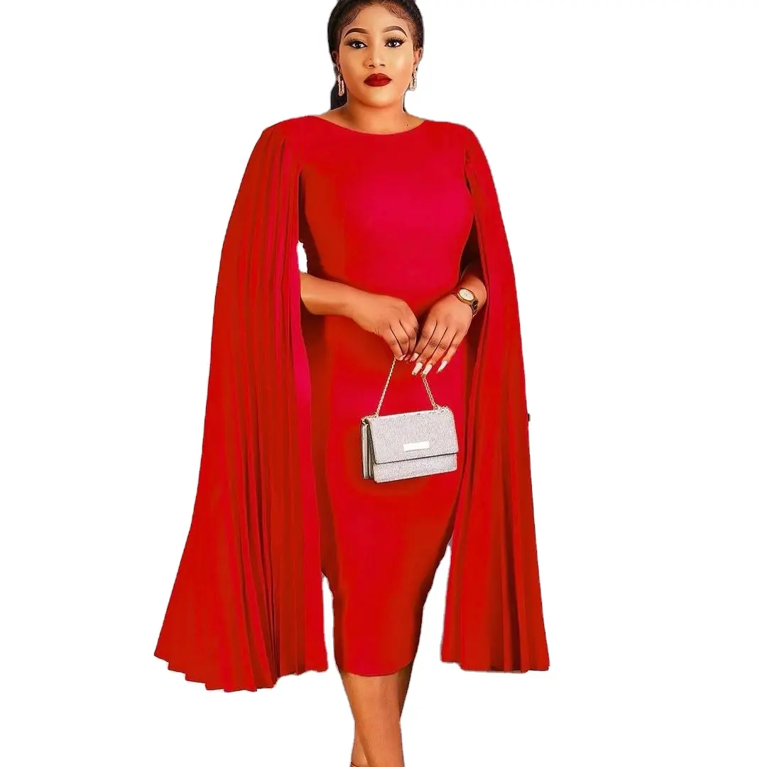 Large Size Women Cloak Sleeve Pleated African Loose Casual Elegant Party Dress