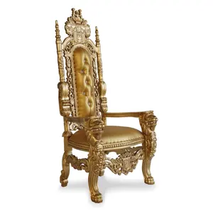 Clássico Royal Lion Cabeça Esculpida Rei Estofados Cadeira Do Trono com Ouro-Home Mobiliário de Lazer Cadeira De Madeira de Móveis Da Indonésia