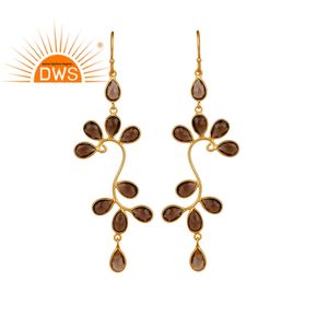 Pendientes colgantes de GEMA de cuarzo ahumado, joyería chapada en oro amarillo de 18k, fabricante de joyería de plata de ley - Product Image 1