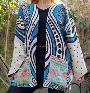 Vintage Indigo Jaipur Impreso Tejido a Mano Reversible Kantha Chaqueta Algodón Relleno con Bordado Decoración Tejido Procesado - Product Image 6
