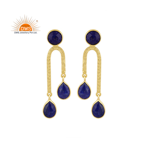 Hot Setting 925 Sterling Silver Long Drop Boucle d'oreille Plaqué Or Lapis Gemstone Boucle d'oreille Fournisseur - Product Image 1
