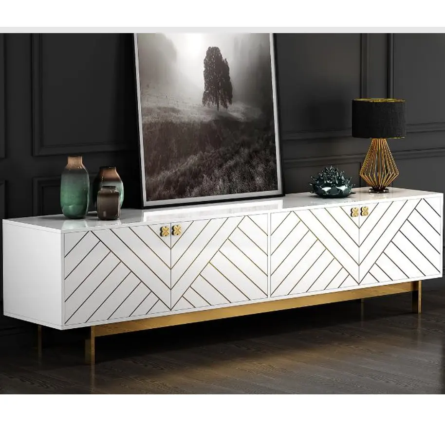 Conjunto de mesa de tv branca com gaveta, conjunto elegante de luxo moderna para chá, feito em aço inoxidável e dourado