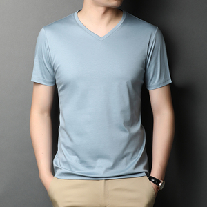 ผ้าที่กำหนดเองผู้ชายธรรมดาสีทึบคอวีแขนสั้นสลิมฟิตเสื้อยืด - Product Image 6
