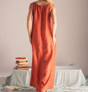 2026 New Arrival Fashionable Trending Latest 100% Linen <b>Red</b> orange Color V-neck <b>Floor</b> <b>Length</b> Sleeveless Formal Women Linen <b>Dress</b> - Product Image 2