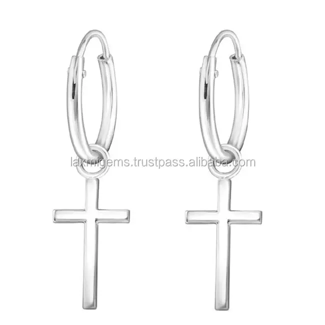 Handmade Beautiful Cross Hoop Silver Earring 925 Sterling Silver Jewelry