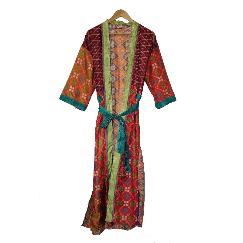 Vintage Silk Sari Kimono Hot Beach Wear Women Floral Printed Kimono Robe Sexy Silk Robes