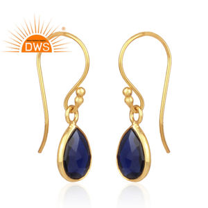 925 Sterling <b>Silver</b> Natural <b>Blue</b> Corundum Gemstone Bezel Set Teardrop <b>Earring</b> 18k Gold Plated <b>Silver</b> Jewelry Wholesaler - Product Image 2