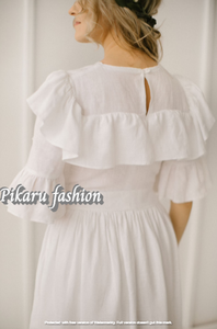 Nouveau prix de gros produit été blanc bohème femmes à volants manches courtes Chic gitane longue robe Maxi - Product Image 5