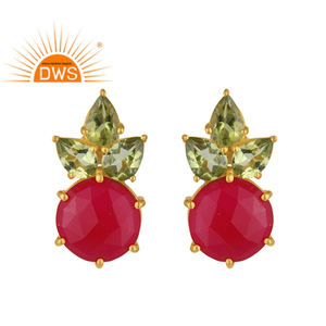 Boucles d'oreilles clous en argent sterling plaqué or avec pierres précieuses naturelles péridot et calcédoine, collection classique, fournisseur de bijoux - Product Image 1