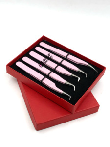 Pince à épiler antistatique en acier inoxydable courbé à pointe dentelée, revêtement poudre rose clair, 90 et 45 degrés, vente en gros - Product Image 2