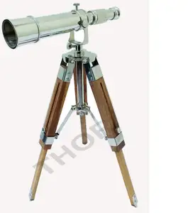 Nautical Chrome Telescope WIth Brown Tripod Stand Brass Telescope 9.5"