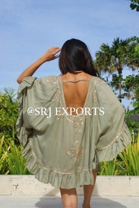 Floral Peach Color Rayon Long Sleeve Mini Poncho <b>Dress</b> Flossy Lace Embellishment Boho Sexy Beach Frill Fixed <b>String</b> Mirror - Product Image 4