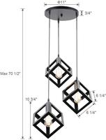 Abat-jour carré en métal noir, 3 lampes suspendues e27, style industriel